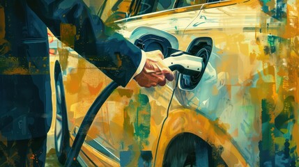Vibrant illustration showcasing the charging process of an electric vehicle, focusing on the hand plugging in the charger amid dynamic, colorful surroundings - obrazy, fototapety, plakaty