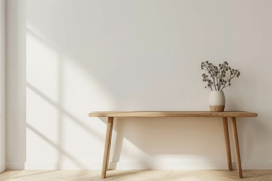 Explore the simplicity of a clean interior with this empty white wall mockup and stylish wooden desk. AI generative.