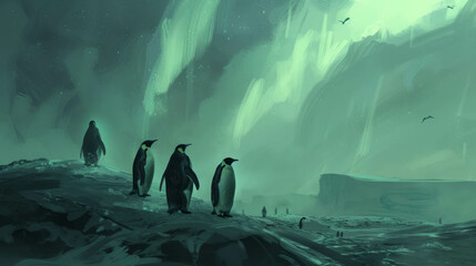 Transform your screen with this minimal wallpaper depicting the aurora borealis over Antarctica, a penguin colony, and misty surroundings. AI generative. - obrazy, fototapety, plakaty