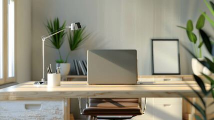 Step into a modern workspace with this front view image of a minimalistic office, featuring depth of field. AI generative.