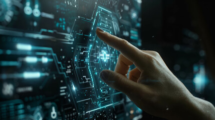 Experience modern technology with a cinematic touch as a hand pushes a button on a touchscreen interface. AI generative.