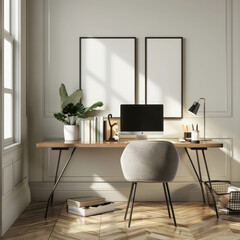 Explore our collection of blank horizontal picture frame mockups for home offices. AI generative.