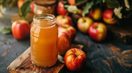 Jar of apple juice with fresh apples on a rustic table.