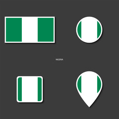 Nigeria flag icon set in different shape (square, circle, rectangle and marker icon) isolated on dark grey background.