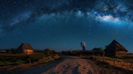 Rural night scene with starry Milky Way sky - obrazy, fototapety, plakaty
