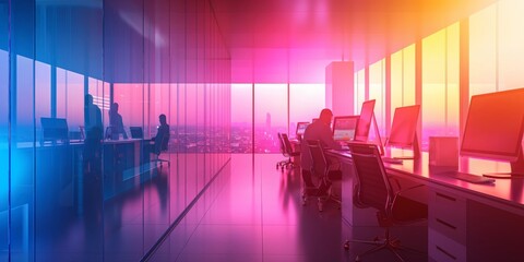 A panoramic view of a contemporary office space with a vibrant, colorful sunset illuminating the city skyline