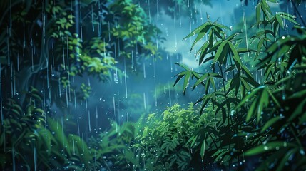A serene and peaceful illustration of a dense bamboo forest, with rain gently falling through the leaves and creating a calm and soothing ambiance