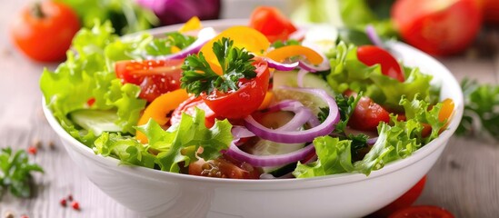 Bowl of fresh mixed salad with diet-friendly vegetables.
