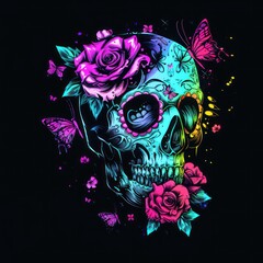 A black background serves as the backdrop for a colorful neon skull adorned with roses and butterflies.

