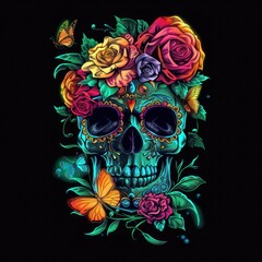 A colorful neon skull, adorned with roses and butterflies, pops against a black background.
