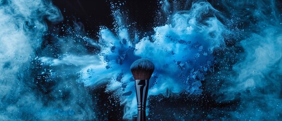 A close shot of blue powder explosion with makeup brush with a dark backdrop with a big space for text or make up product advertisement, Generative AI. - obrazy, fototapety, plakaty