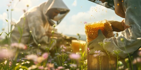 An individual in protective gear carefully collecting honeycomb in a field, showcasing the art of beekeeping and honey harvest - obrazy, fototapety, plakaty