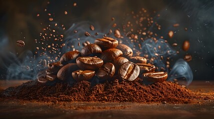 Coffee beans falling on the ground, with a dark background and flying particles, macro hyper-realistic coffee beans displayed - obrazy, fototapety, plakaty