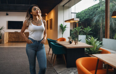 young adult woman standing in her rented villa in the tropical or at home in the living room or cafe and coworking space, thoughtful and waiting bear relaxed and strolling, fictitious place