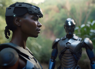 an african young adult man wearing a headset for remote control of a humanoid android robot, warfare and assassination or pirate with advanced futuristic technology