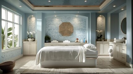 An inviting spa room featuring pristine white linens and soothing blue accents. - obrazy, fototapety, plakaty