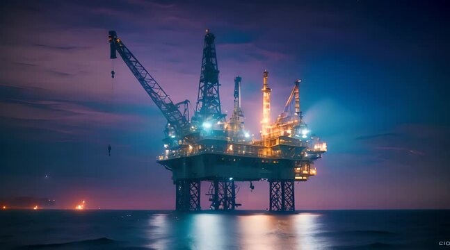 Oil rig at night. The milky way shines above. Offshore drilling rig extracting crude oil on the sea or ocean