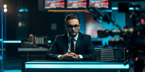 A poised news anchor at a broadcast desk embodies professionalism, communication, and information