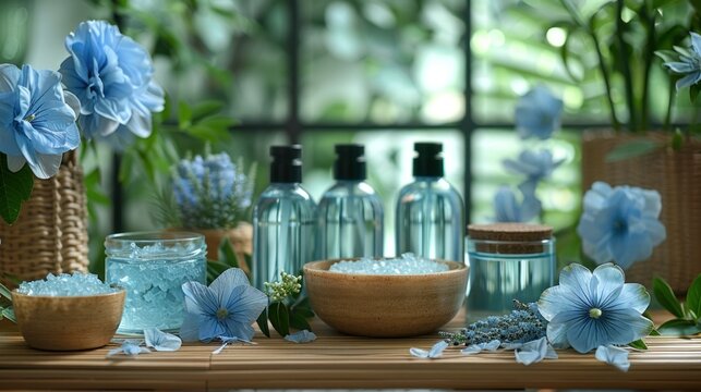 A collection of spa essentials arranged elegantly with a backdrop of calming blue tones.