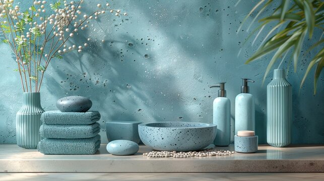 A collection of spa essentials arranged elegantly with a backdrop of calming blue tones.