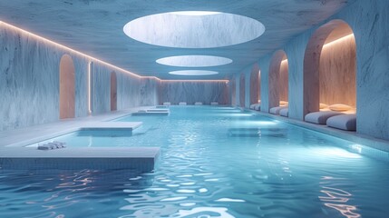 A minimalist spa environment adorned with soft blue hues, conveying a sense of calm and relaxation.
