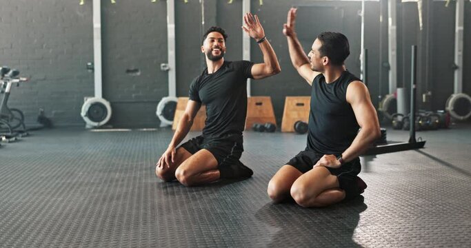 Fitness, mountain climbers and athletes in gym, exercise and strong wellness for workout class. Fatigue, high five and cardio for strength and muscle, health club and abdominal physical activity