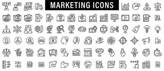 SEO and promotion line icons collection. Big UI icon set. Thin outline icons pack
