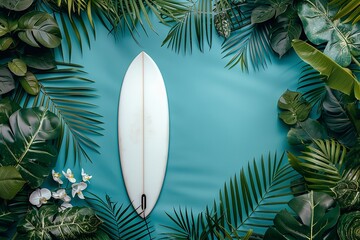 Top view of a surfboard with tropical leaves on a clean soft green backdrop with a big space for text or product advertisement, Generative AI.