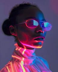 Neon lights dance across a stylish woman's face, casting a contemporary glow in the studio, Generative ai