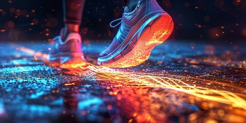 Two legs are walking wearing sports shoe with different color of lighting coming out of it in a dark backdrop representing speed with space, Generative AI.