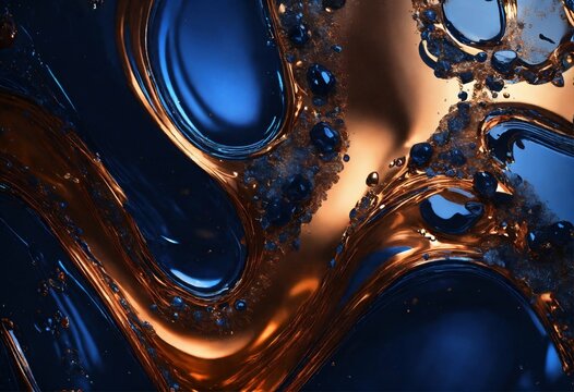 Luxury water splash of dark blue, add shimmering copper, high definition image, 8k