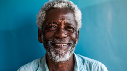 A handsome senior black man with white hair smiling and displaying vibrant health against a blue background. - obrazy, fototapety, plakaty