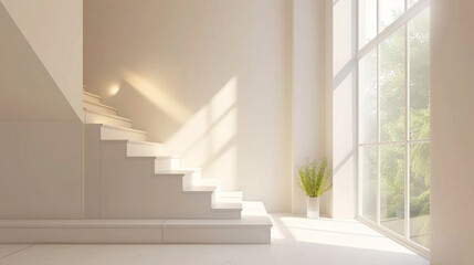 Beige stairs in a chic Scandinavian-themed lounge with a window and soft natural lighting.