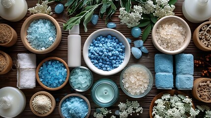 Close-up of spa essentials arranged neatly in shades of white and blue, ready for indulgence and relaxation.