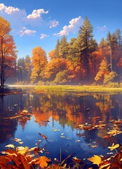 Autumn forest, colorful trees reflected in the lake, high definition photography, bright colors, autumn scenery, colorful leaves