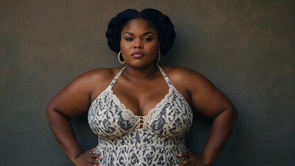 An overweight black woman wearing lingerie