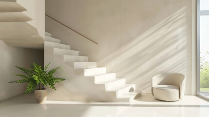 Beige stairs in a contemporary Scandinavian interior lounge with a window and tranquil setting.