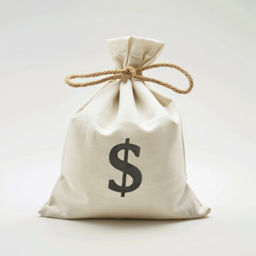 High-quality image featuring a money bag against a white backdrop, representing savings and investment. AI generative.