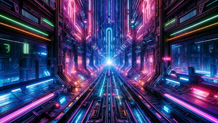 Futuristic Space Warp of City Tunnel, Blue and pink Neon glow in Cyberpunk style background