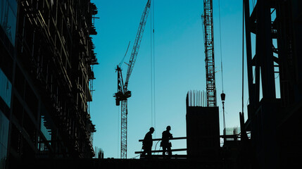 A captivating silhouette of a modern skyscraper under construction, with the silhouette of workers and cranes against the backdrop of a clear blue sky - Powered by Adobe