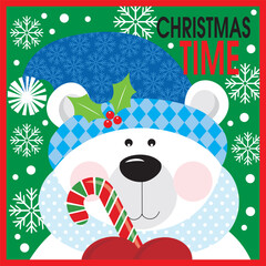 Christmas card design with cute polar bear and candy cane