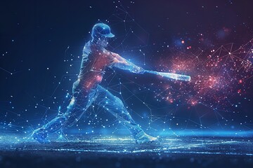 Over a blue geometric backdrop, a low poly wireframe tandem format style art depicts a man youth player colliding with a baseball and space, Generative AI.