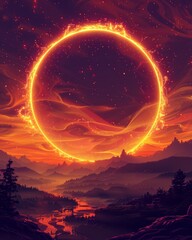 Fiery Cosmic Circle over a Fantasy Landscape