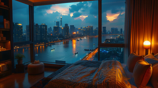 Escape to luxury with this cozy bedroom offering misty city views and modern comforts. AI generative.