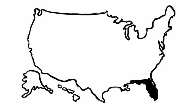 The USA map and Florida state highlighted in black color filmed in full stack of animations. Grunge style stop motion of America geographical borders and showing one of districts. Logo for navigation.