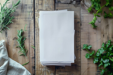 Step into a world of natural elegance with this mockup of a light wooden table, presenting an empty notepad and stack of papers, complemented by vibrant green herbs. AI generative. - obrazy, fototapety, plakaty