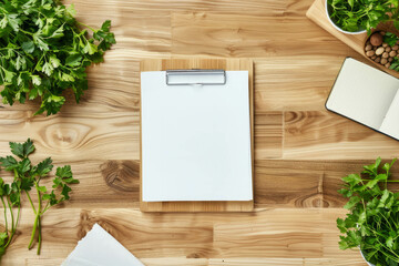 Immerse yourself in simplicity and creativity with this mockup of a light wooden table, highlighting an empty notepad and stack of papers amidst fresh green herbs. AI generative.