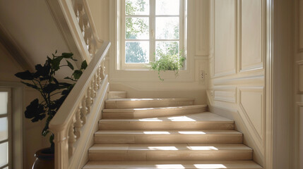 Beige stairs in a lounge, showcasing Scandinavian elegance, with a window beside them.
