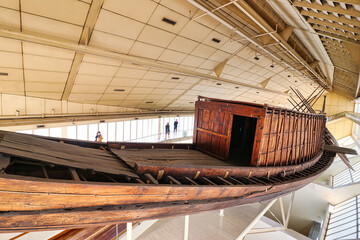 Great Solar Boat of Khufu, made of Lebanon cedar wood and discovered in 1954 is preserved in the...