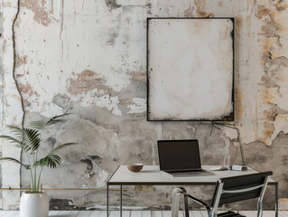 Immerse yourself in the elegance of a minimalist office adorned with ceramics and an empty frame against a textured washed white wall. AI generative.